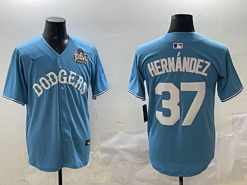 Men Los Angeles Dodgers 37 Hernandez Light Blue Joint Name 2025 Nike MLB Jersey style 16